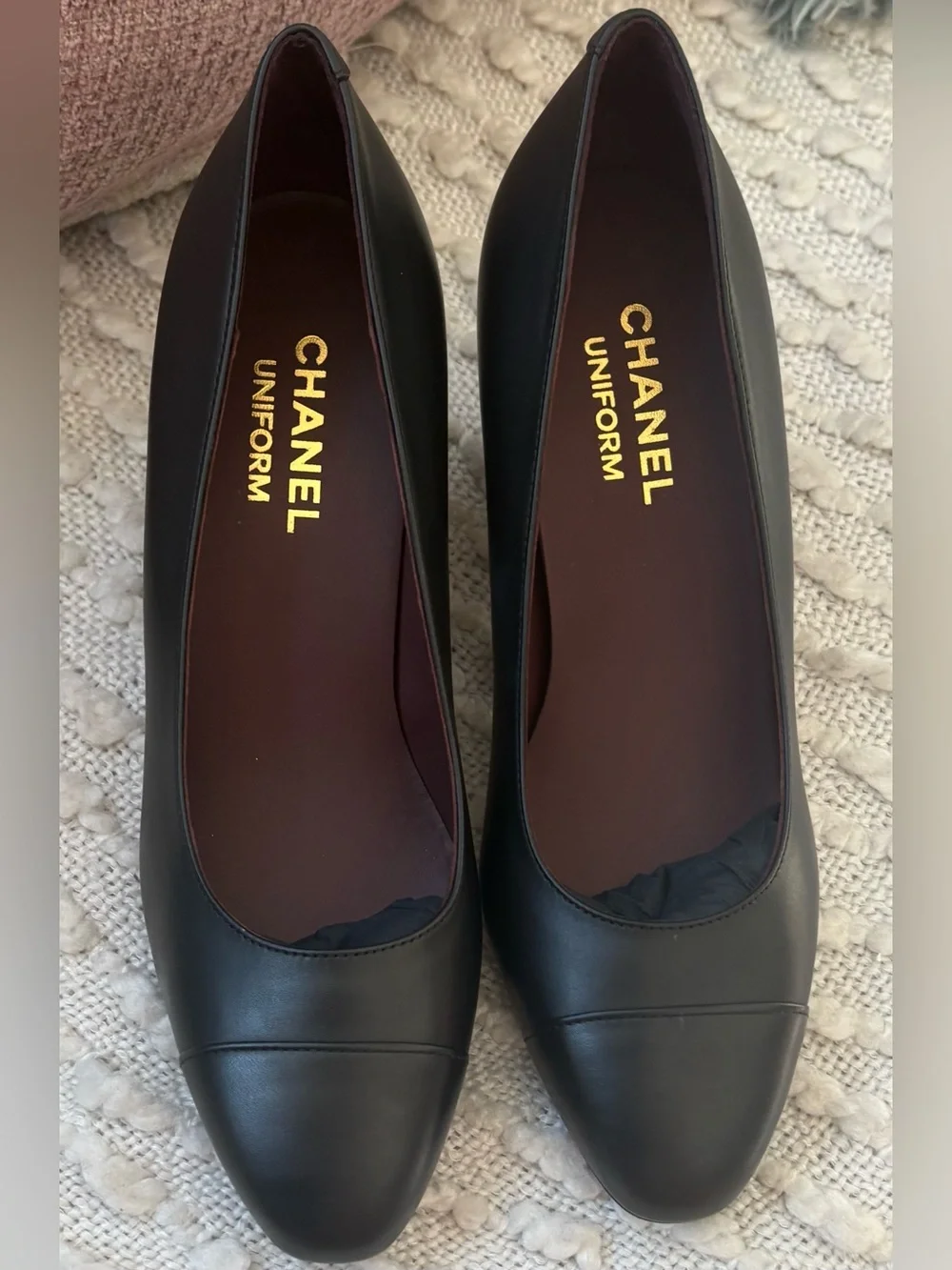 CHANEL UNIFORM•Chanel Black Cap-Toe Elegant Block Pumps w/ Signature Gold CC